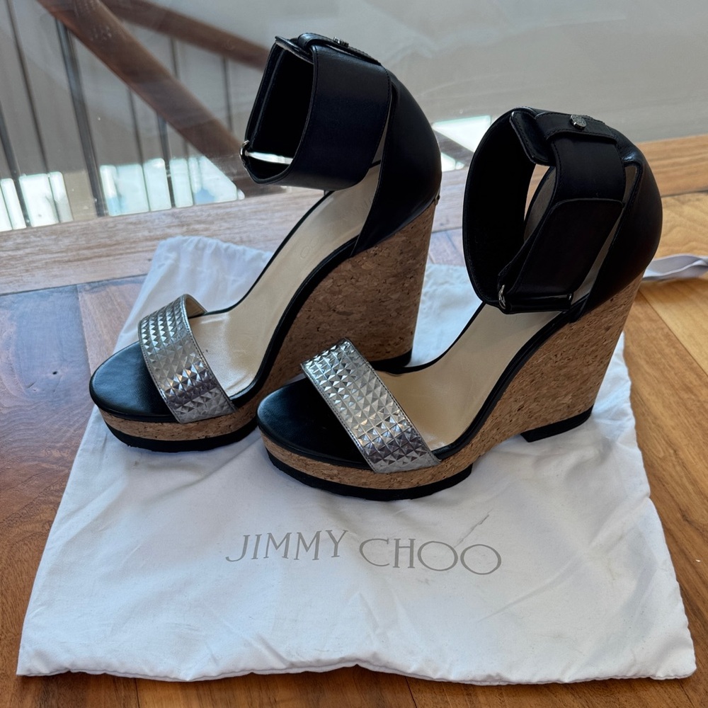 Jimmy Choo Black and Silver Wedge Sandals